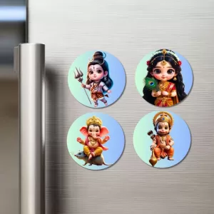 Shiva, Radha, Ganesha, Hanuman Fridge Magnets Ã¢â‚¬â€œ 4 Piece Set | 3 Inch Round Wall Fridge Decor (F23177)