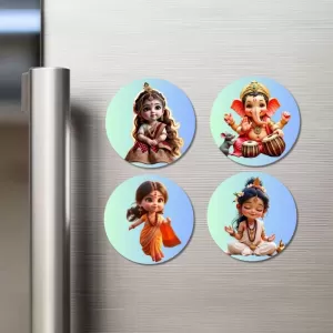 Krishna, Ganesha, Hanuman, Shiva Fridge Magnets Ã¢â‚¬â€œ 4 Piece Set | 3 Inch Round Wall Fridge Decor (F23178)