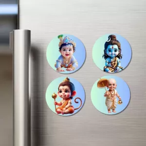 Krishna, Shiva, Hanuman, Vamana Fridge Magnets Ã¢â‚¬â€œ 4 Piece Set | 3 Inch Round Wall Fridge Decor (F23183)