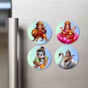 Durga, Lakshmi, Krishna, And Saraswati. Fridge Magnets – 4 Piece Set | 3 Inch Round Wall Fridge Decor (F23195) Durga, Lakshmi, Krishna, And Saraswati. Fridge Magnets – 4 Piece Set | 3 Inch Round Wall Fridge Decor (F23195)