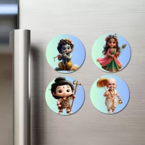 Krishna, Radha, Shiva, And Vamana. Fridge Magnets Ã¢â‚¬â€œ 4 Piece Set | 3 Inch Round Wall Fridge Decor (F23200)