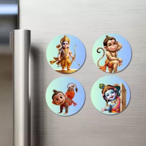 Rama, Hanuman, And Krishna. Fridge Magnets – 4 Piece Set | 3 Inch Round Wall Fridge Decor (F23202) Rama, Hanuman, And Krishna. Fridge Magnets – 4 Piece Set | 3 Inch Round Wall Fridge Decor (F23202)