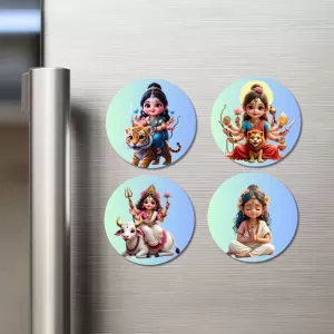 Durga, Mahagauri, And Parvati. Fridge Magnets Ã¢â‚¬â€œ 4 Piece Set | 3 Inch Round Wall Fridge Decor (F23209)