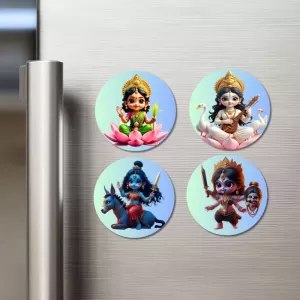 Lakshmi, Saraswati, Kalaratri, And Kali. Fridge Magnets Ã¢â‚¬â€œ 4 Piece Set | 3 Inch Round Wall Fridge Decor (F23210)