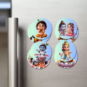 Brahma, Krishna & Radha, Hanuman Fridge Magnets Ã¢â‚¬â€œ 4 Piece Set | 3 Inch Round Wall Fridge Decor (F23212)