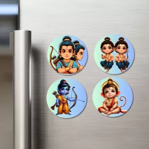 Ram, Luv Kush, Krishna, Hanuman Fridge Magnets – 4 Piece Set | 3 Inch Round Wall Fridge Decor (F23222) Ram, Luv Kush, Krishna, Hanuman Fridge Magnets – 4 Piece Set | 3 Inch Round Wall Fridge Decor (F23222)