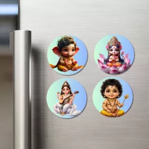 Ganesha, Lakshmi, Saraswati, Krishna Fridge Magnets Ã¢â‚¬â€œ 4 Piece Set | 3 Inch Round Wall Fridge Decor (F23223)