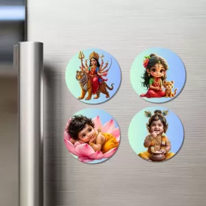 Durga, Parvati, Lakshmi, Krishna Fridge Magnets Ã¢â‚¬â€œ 4 Piece Set | 3 Inch Round Wall Fridge Decor (F23252)