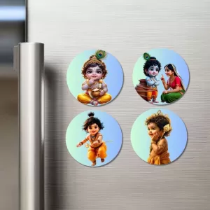 Yashoda, Bal Krishna, Baby Hanuman Fridge Magnets – 4 Piece Set | 3 Inch Round Wall Fridge Decor (F23254) Yashoda, Bal Krishna, Baby Hanuman Fridge Magnets – 4 Piece Set | 3 Inch Round Wall Fridge Decor (F23254)