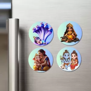 Vasuki-Krishna, Baby Durga, Yashoda-Ganesh, Shiva-Parvati Fridge Magnets Ã¢â‚¬â€œ 4 Piece Set | 3 Inch Round Wall Fridge Decor (F23255)