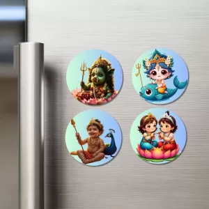 Lakshmi, Matsya (Vishnu), Murugan, Lakshmi–Vishnu Fridge Magnets – 4 Piece Set | 3 Inch Round Wall Fridge Decor (F23256) Lakshmi, Matsya (Vishnu), Murugan, Lakshmi–Vishnu Fridge Magnets – 4 Piece Set | 3 Inch Round Wall Fridge Decor (F23256)