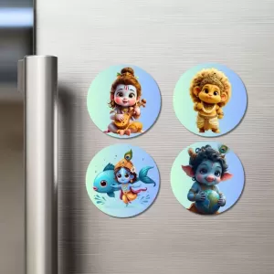 Hanuman, Matsya (Vishnu), Krishna Fridge Magnets Ã¢â‚¬â€œ 4 Piece Set | 3 Inch Round Wall Fridge Decor (F23257)
