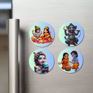 Ganesha, Krishna, Krishna-Yashoda Fridge Magnets Ã¢â‚¬â€œ 4 Piece Set | 3 Inch Round Wall Fridge Decor (F23258)