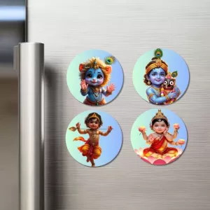 Krishna, Baby Lakshmi Fridge Magnets Ã¢â‚¬â€œ 4 Piece Set | 3 Inch Round Wall Fridge Decor (F23259)