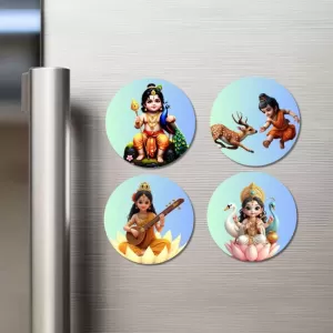 Krishna, Krishna, Saraswati, Lakshmi Fridge Magnets – 4 Piece Set | 3 Inch Round Wall Fridge Decor (F23261) Krishna, Krishna, Saraswati, Lakshmi Fridge Magnets – 4 Piece Set | 3 Inch Round Wall Fridge Decor (F23261)
