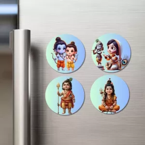 Ram–Lakshman, Shiva–Parvati, Kartikeya, Shiva Fridge Magnets – 4 Piece Set | 3 Inch Round Wall Fridge Decor (F23262) Ram–Lakshman, Shiva–Parvati, Kartikeya, Shiva Fridge Magnets – 4 Piece Set | 3 Inch Round Wall Fridge Decor (F23262)
