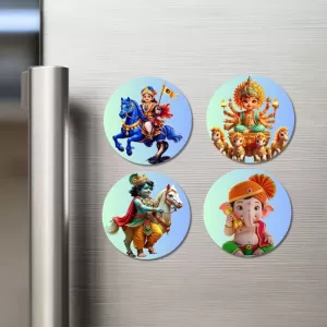Murugan, Durga, Krishna, Ganesha Fridge Magnets – 4 Piece Set | 3 Inch Round Wall Fridge Decor (F23267) Murugan, Durga, Krishna, Ganesha Fridge Magnets – 4 Piece Set | 3 Inch Round Wall Fridge Decor (F23267)