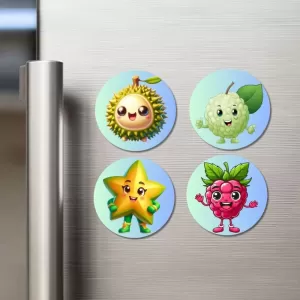 Durian, Custard Apple, Starfruit, Raspberry Fridge Magnets – 4 Piece Set | 3 Inch Round Wall Fridge Decor (F23272) Durian, Custard Apple, Starfruit, Raspberry Fridge Magnets – 4 Piece Set | 3 Inch Round Wall Fridge Decor (F23272)