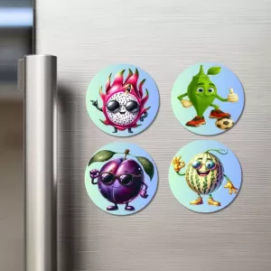 Dragon Fruit, Mango, Plum, Melon Fridge Magnets Ã¢â‚¬â€œ 4 Piece Set | 3 Inch Round Wall Fridge Decor (F23273)