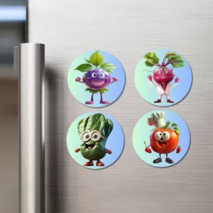 Grape, Radish, Cucumber, Tomato Fridge Magnets Ã¢â‚¬â€œ 4 Piece Set | 3 Inch Round Wall Fridge Decor (F23279)