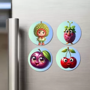Durian, Strawberry, Plum, Cherry Fridge Magnets – 4 Piece Set | 3 Inch Round Wall Fridge Decor (F23283) Durian, Strawberry, Plum, Cherry Fridge Magnets – 4 Piece Set | 3 Inch Round Wall Fridge Decor (F23283)