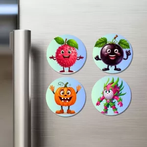 Lychee, Mangosteen, Pumpkin, Dragon Fruit Fridge Magnets – 4 Piece Set | 3 Inch Round Wall Fridge Decor (F23284) Lychee, Mangosteen, Pumpkin, Dragon Fruit Fridge Magnets – 4 Piece Set | 3 Inch Round Wall Fridge Decor (F23284)