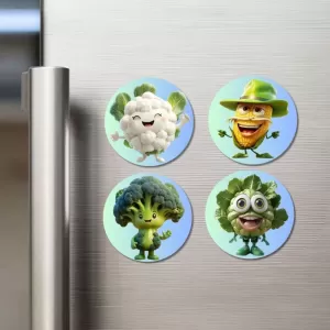 Cauliflower, Corn, Broccoli, Lettuce Fridge Magnets Ã¢â‚¬â€œ 4 Piece Set | 3 Inch Round Wall Fridge Decor (F23287)