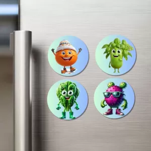 Orange, Celery, Spinach, Dragon Fruit Fridge Magnets Ã¢â‚¬â€œ 4 Piece Set | 3 Inch Round Wall Fridge Decor (F23298)