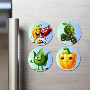 Chili, Bitter Gourd, Okra, Capsicum Fridge Magnets – 4 Piece Set | 3 Inch Round Wall Fridge Decor (F23302) Chili, Bitter Gourd, Okra, Capsicum Fridge Magnets – 4 Piece Set | 3 Inch Round Wall Fridge Decor (F23302)