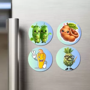 Peas, Tamarind, Corn, Custard Apple Fridge Magnets – 4 Piece Set | 3 Inch Round Wall Fridge Decor (F23303) Peas, Tamarind, Corn, Custard Apple Fridge Magnets – 4 Piece Set | 3 Inch Round Wall Fridge Decor (F23303)