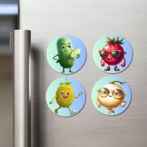 Cucumber, Tomato, Pear, Onion Fridge Magnets Ã¢â‚¬â€œ 4 Piece Set | 3 Inch Round Wall Fridge Decor (F23315)