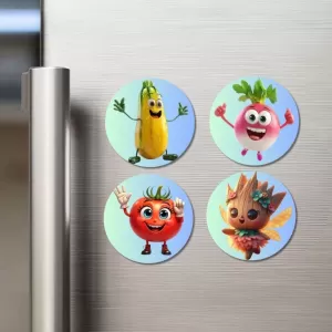 Bottle Gourd, Radish, Tomato, Pineapple Leaf Fairy Fridge Magnets Ã¢â‚¬â€œ 4 Piece Set | 3 Inch Round Wall Fridge Decor (F23317)