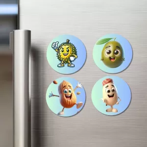 Durian, Olive, Almond, Peanut Fridge Magnets Ã¢â‚¬â€œ 4 Piece Set | 3 Inch Round Wall Fridge Decor (F23318)