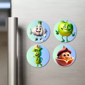 Garlic, Apple, Mint, Walnut Fridge Magnets Ã¢â‚¬â€œ 4 Piece Set | 3 Inch Round Wall Fridge Decor (F23321)