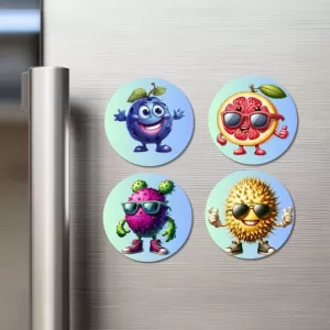 Blueberry, Grapefruit, Dragon Fruit, Durian Fridge Magnets – 4 Piece Set | 3 Inch Round Wall Fridge Decor (F23323) Blueberry, Grapefruit, Dragon Fruit, Durian Fridge Magnets – 4 Piece Set | 3 Inch Round Wall Fridge Decor (F23323)