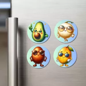 Avocado, Onion, Sapota, Mango Fridge Magnets Ã¢â‚¬â€œ 4 Piece Set | 3 Inch Round Wall Fridge Decor (F23324)