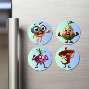 Orange, Pear, Onion, Chilli Fridge Magnets Ã¢â‚¬â€œ 4 Piece Set | 3 Inch Round Wall Fridge Decor (F23329)