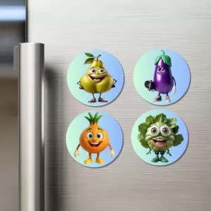 Beetroot, Pear, Radish, Mint Fridge Magnets Ã¢â‚¬â€œ 4 Piece Set | 3 Inch Round Wall Fridge Decor (F23333)