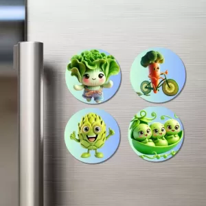 Lettuce, Carrot, Custard Apple, Peas Fridge Magnets Ã¢â‚¬â€œ 4 Piece Set | 3 Inch Round Wall Fridge Decor (F23336)