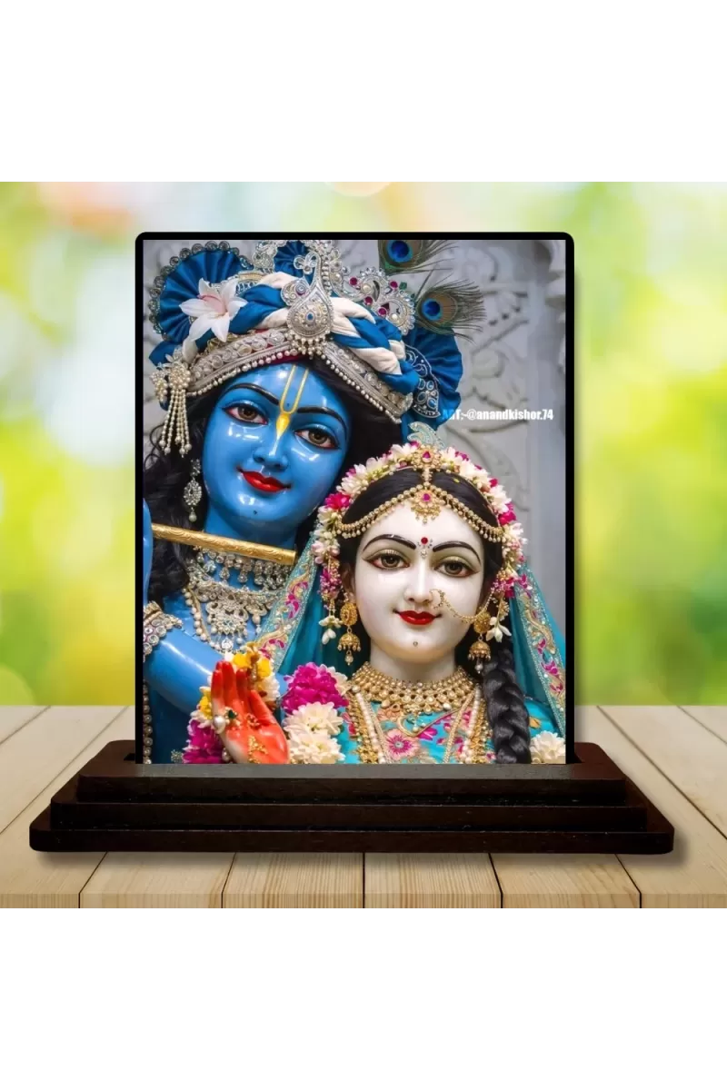 Car Dashboard Radha Krishna Wooden Photo Stand  3x4 Inches, Compact & Stylish Spiritual Display For Car, Home & Office (Pack Of 1) (F48659)