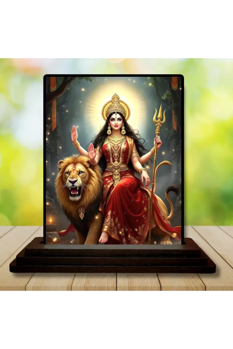 Car Dashboard Durga Wooden Photo Stand  3x4 Inches, Compact & Stylish Spiritual Display For Car, Home & Office (Pack Of 1) (F48666)