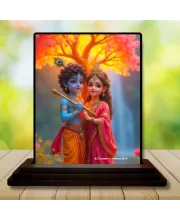 Car Dashboard Radha Krishna Wooden Photo Stand  3x4 Inches, Compact & Stylish Spiritual Display For Car, Home & Office (Pack Of 1) (F48673)