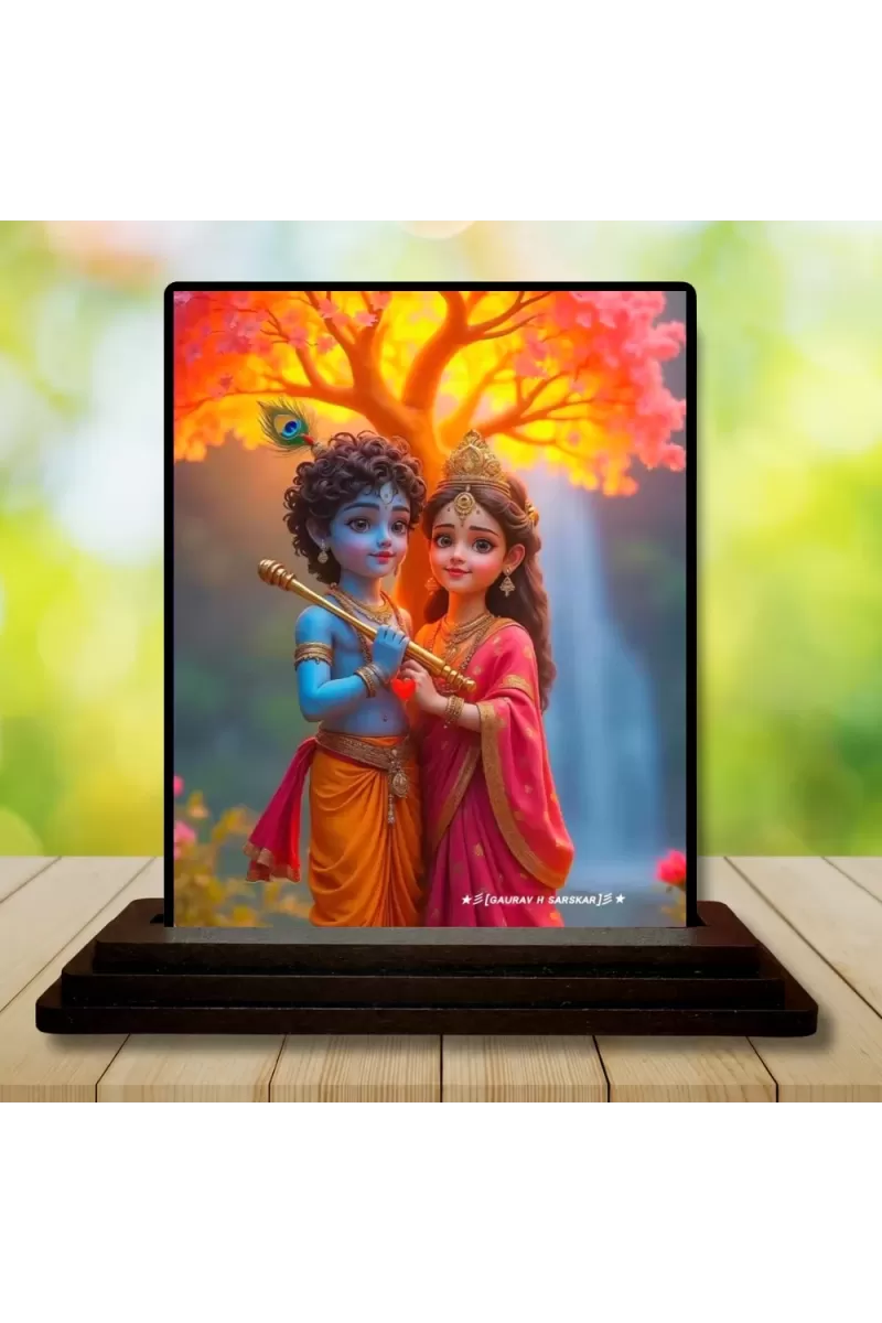 Car Dashboard Radha Krishna Wooden Photo Stand  3x4 Inches, Compact & Stylish Spiritual Display For Car, Home & Office (Pack Of 1) (F48673)