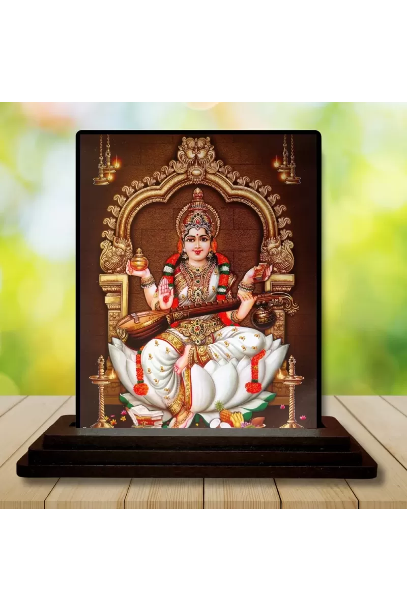 Car Dashboard Goddess Saraswati Wooden Photo Stand  3x4 Inches, Compact & Stylish Spiritual Display For Car, Home & Office (Pack Of 1) (F48683)