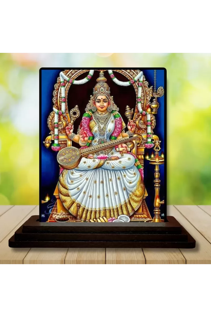 Car Dashboard Goddess Saraswati Wooden Photo Stand  3x4 Inches, Compact & Stylish Spiritual Display For Car, Home & Office (Pack Of 1) (F48685)