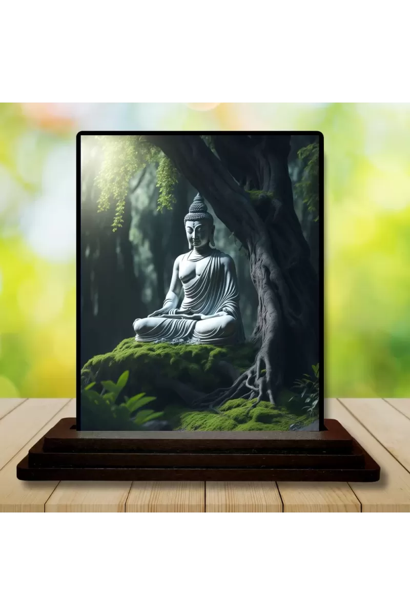 Car Dashboard Gautama Buddha Wooden Photo Stand  3x4 Inches, Compact & Stylish Spiritual Display For Car, Home & Office (Pack Of 1) (F48696)