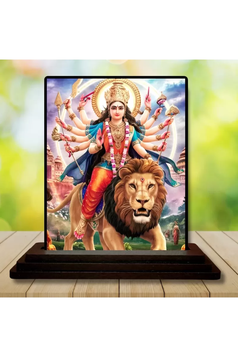 Car Dashboard Goddess Durga Wooden Photo Stand  3x4 Inches, Compact & Stylish Spiritual Display For Car, Home & Office (Pack Of 1) (F48701)