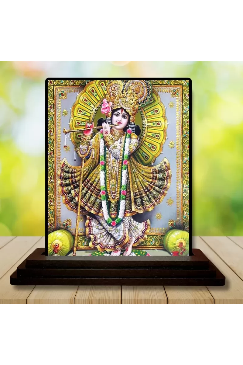 Car Dashboard Shree Krishna Wooden Photo Stand  3x4 Inches, Compact & Stylish Spiritual Display For Car, Home & Office (Pack Of 1) (F48720)