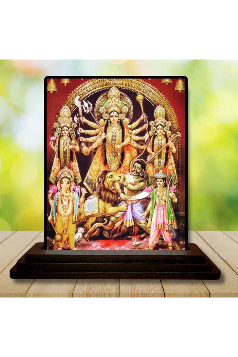 Car Dashboard Goddess Durga Wooden Photo Stand  3x4 Inches, Compact & Stylish Spiritual Display For Car, Home & Office (Pack Of 1) (F48732)