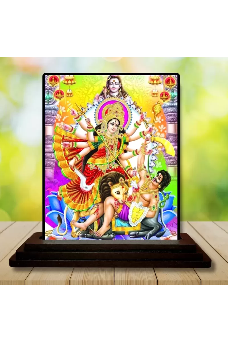 Car Dashboard Goddess Durga Wooden Photo Stand  3x4 Inches, Compact & Stylish Spiritual Display For Car, Home & Office (Pack Of 1) (F48740)